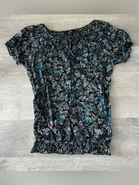Majora butterfly Smocked Hem Short Sleeve Top blue & Black